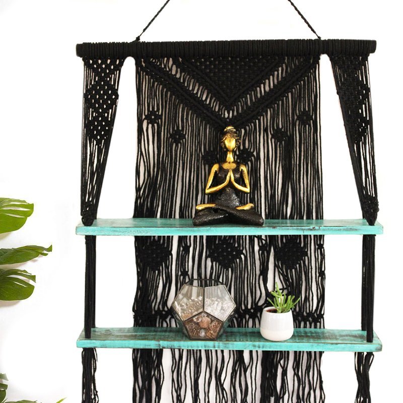 Macrame Hanging Shelves, Black with Turquoise Accents | #product_category# - OneRoofGifts