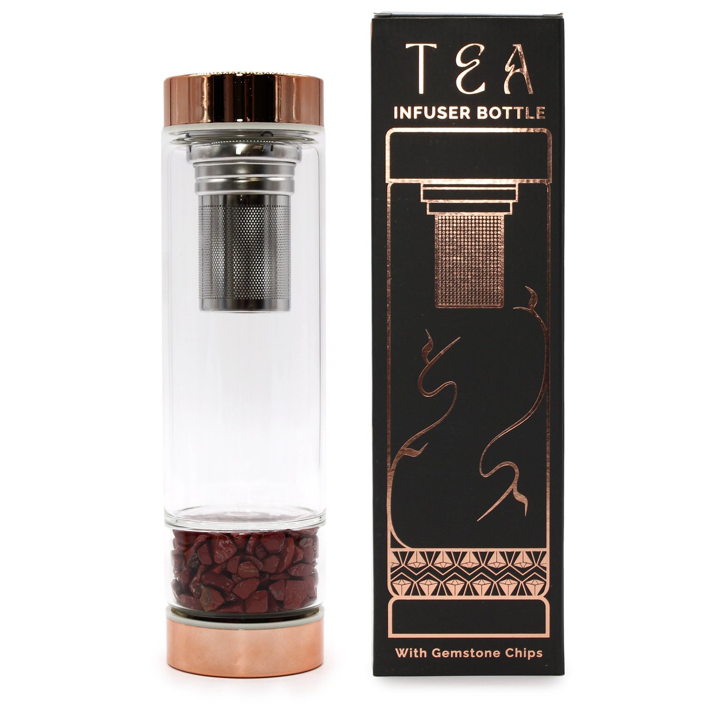 Red Jasper Crystal Glass Tea Infuser Bottle with Rose Gold Accents | #product_category# - OneRoofGifts