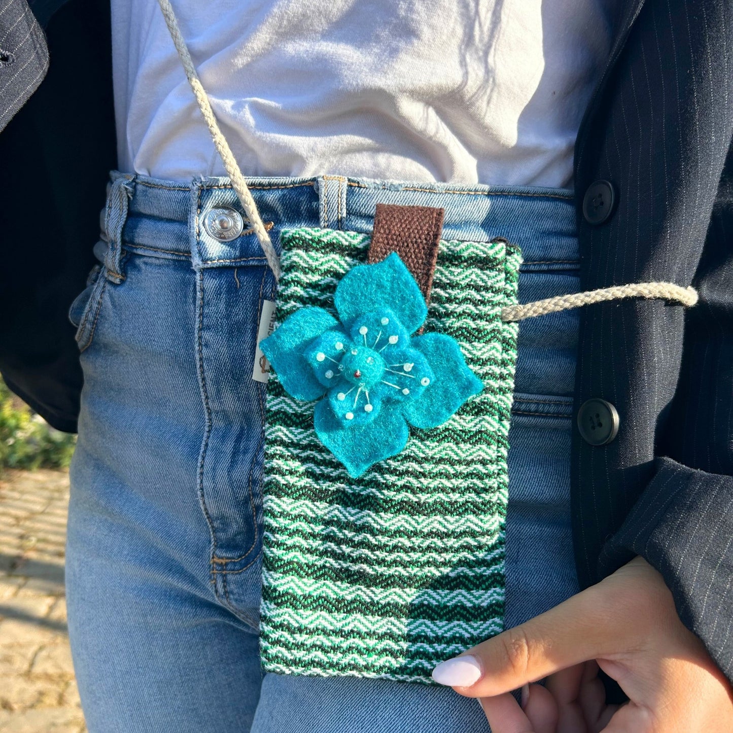Phone Holder Bag, Green Striped with Flower Decor | #product_category# - OneRoofGifts