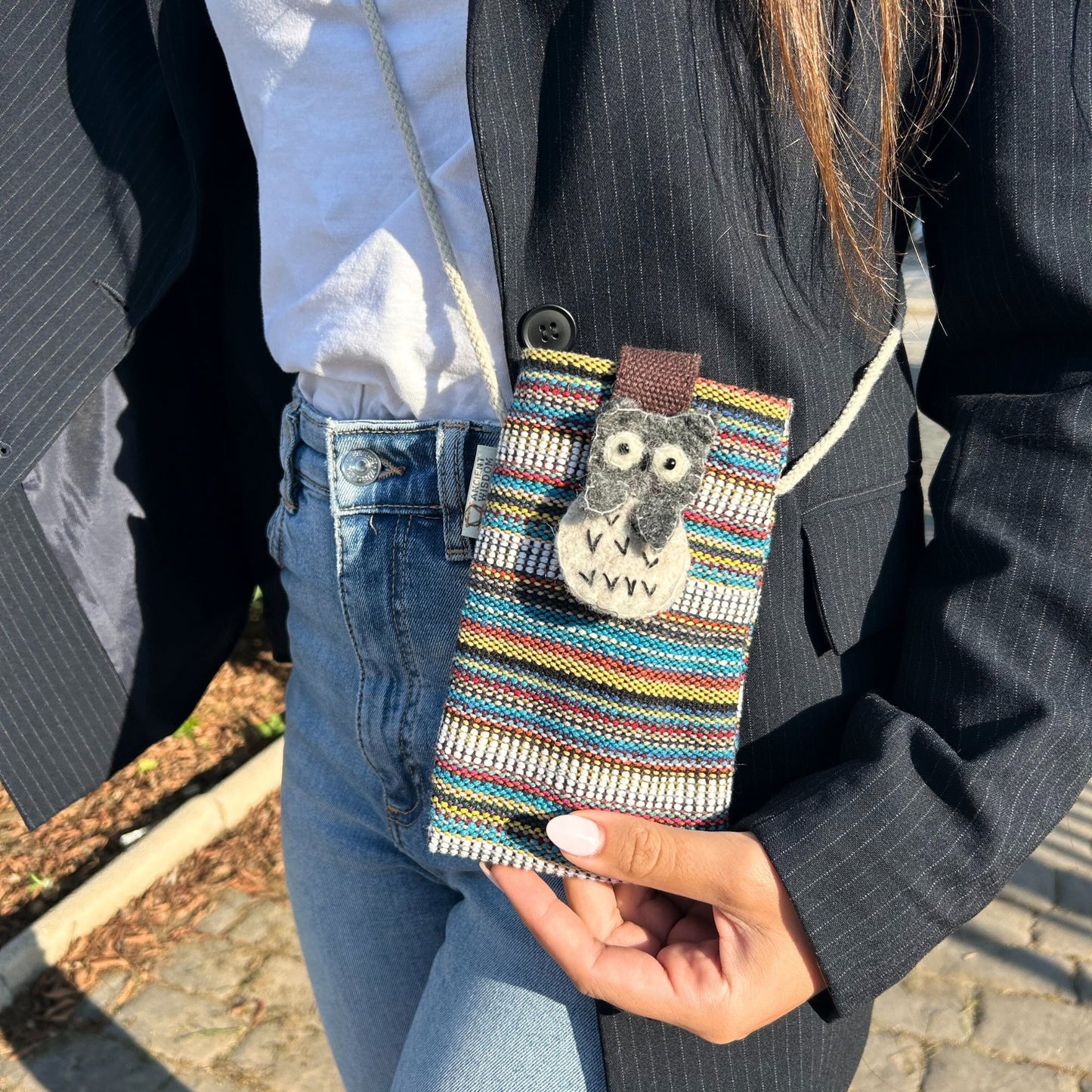 Owl Decor Stripes Multi White Phone Holder Bag | #product_category# - OneRoofGifts