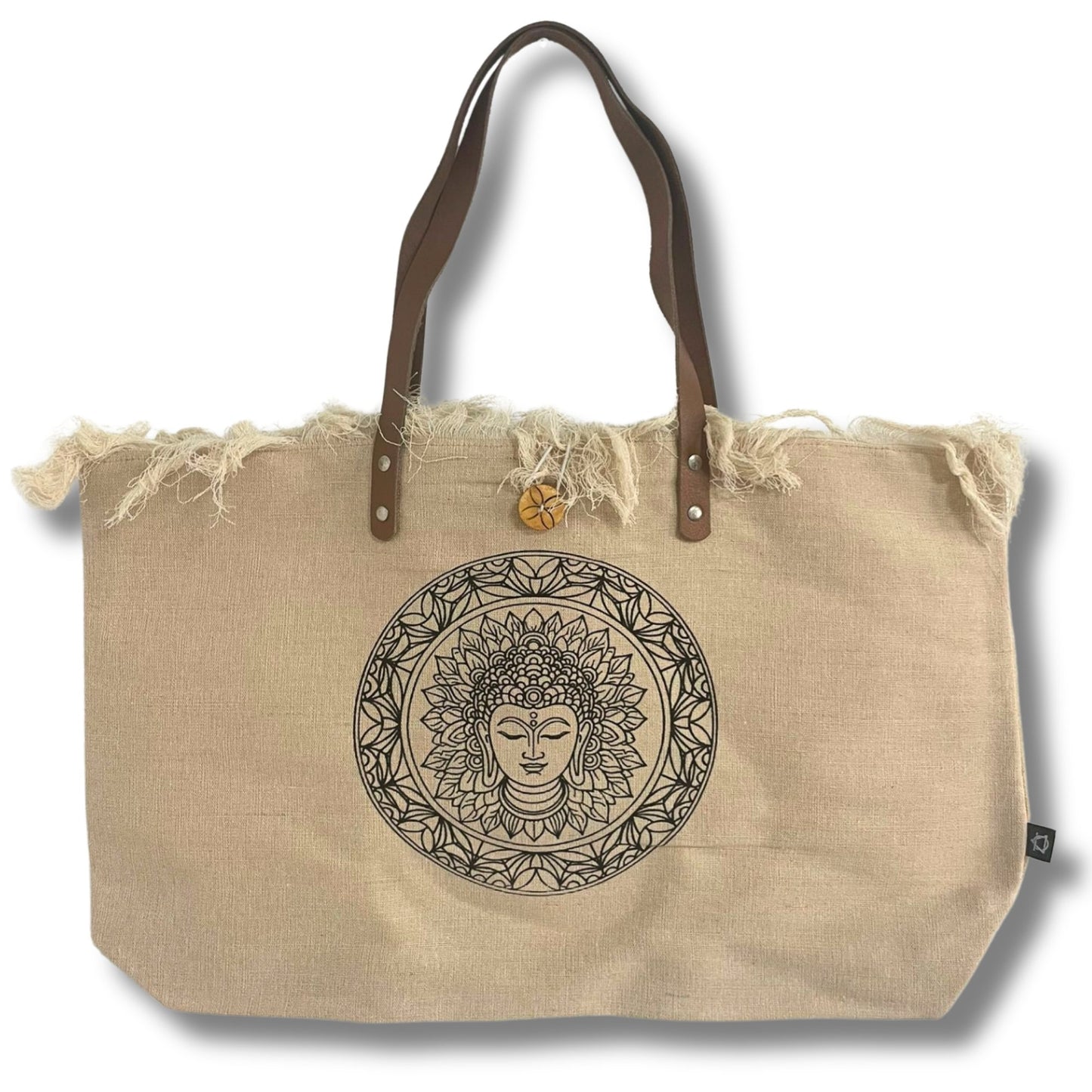 Tote Bag with Leather Handle, Buddha Design - Natural | #product_category# - OneRoofGifts