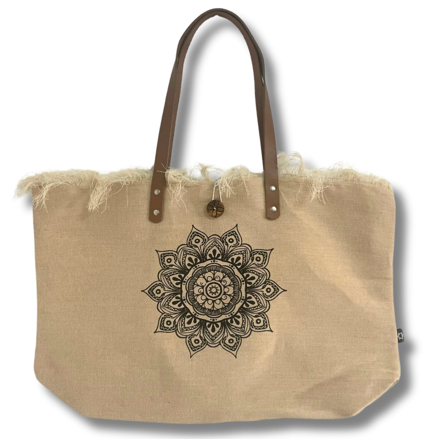 Tote Bag, Natural with Leather Handle - Flower of Life Design | #product_category# - OneRoofGifts