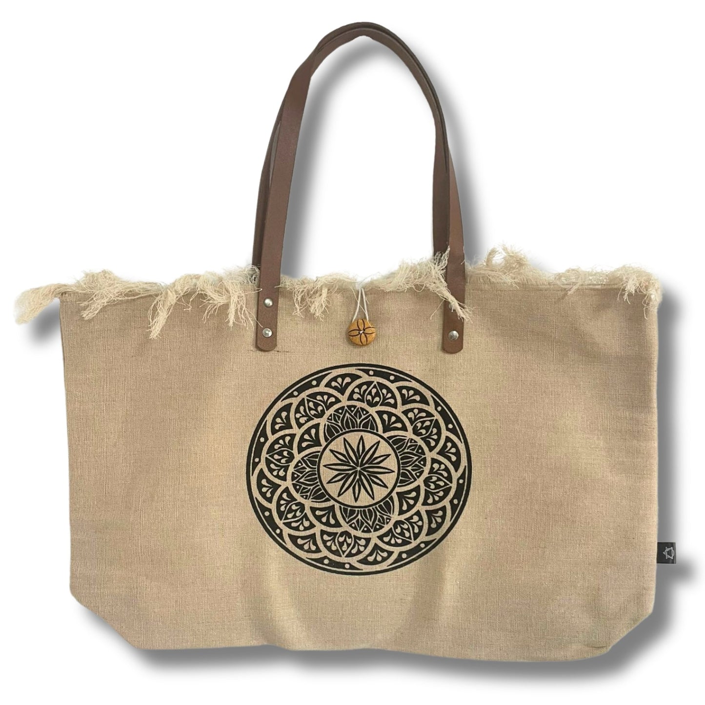 Mandela Design Natural Tote Bag with Leather Handle | #product_category# - OneRoofGifts
