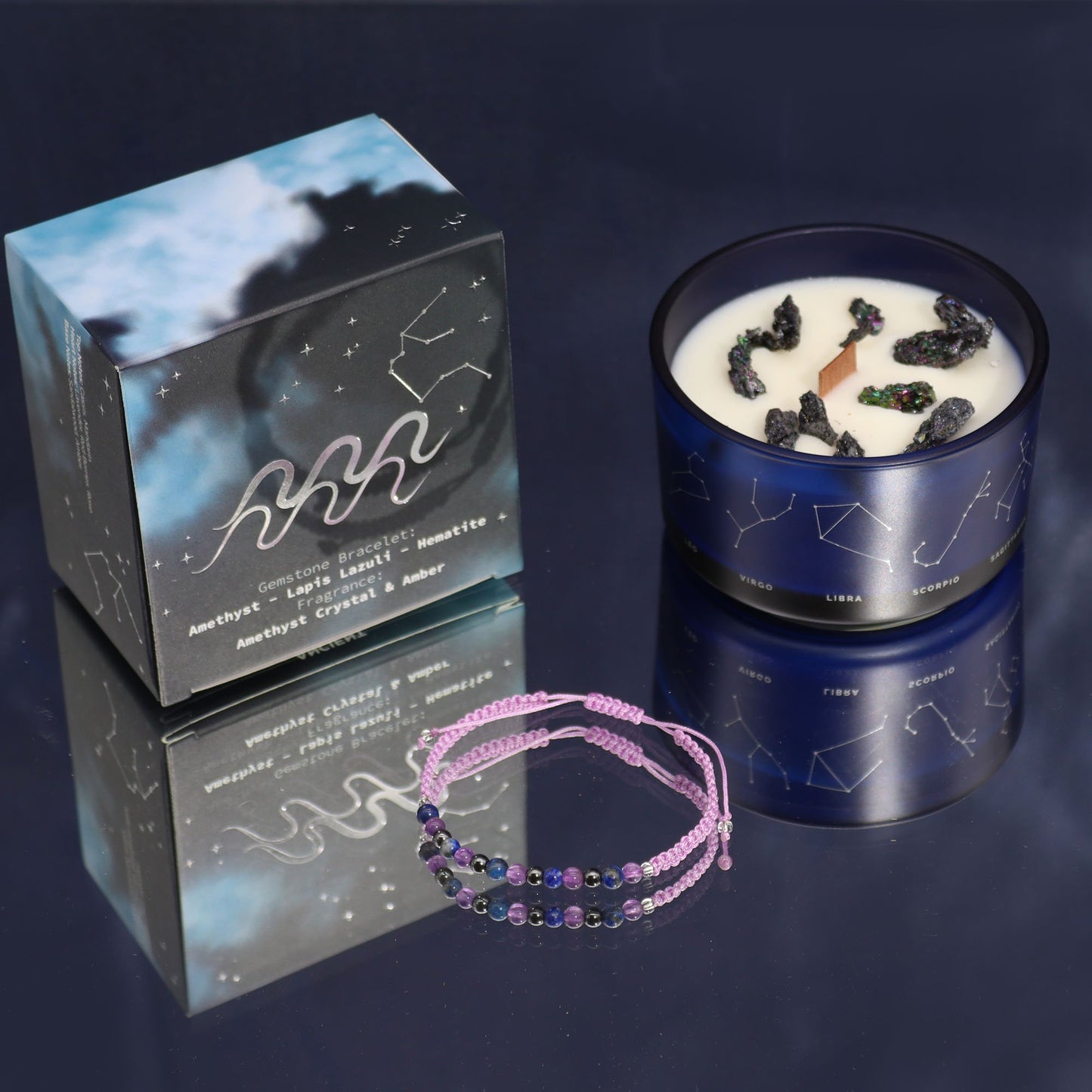 Aquarius Zodiac Crystal Candle with Gemstone Bracelet | #product_category# - OneRoofGifts