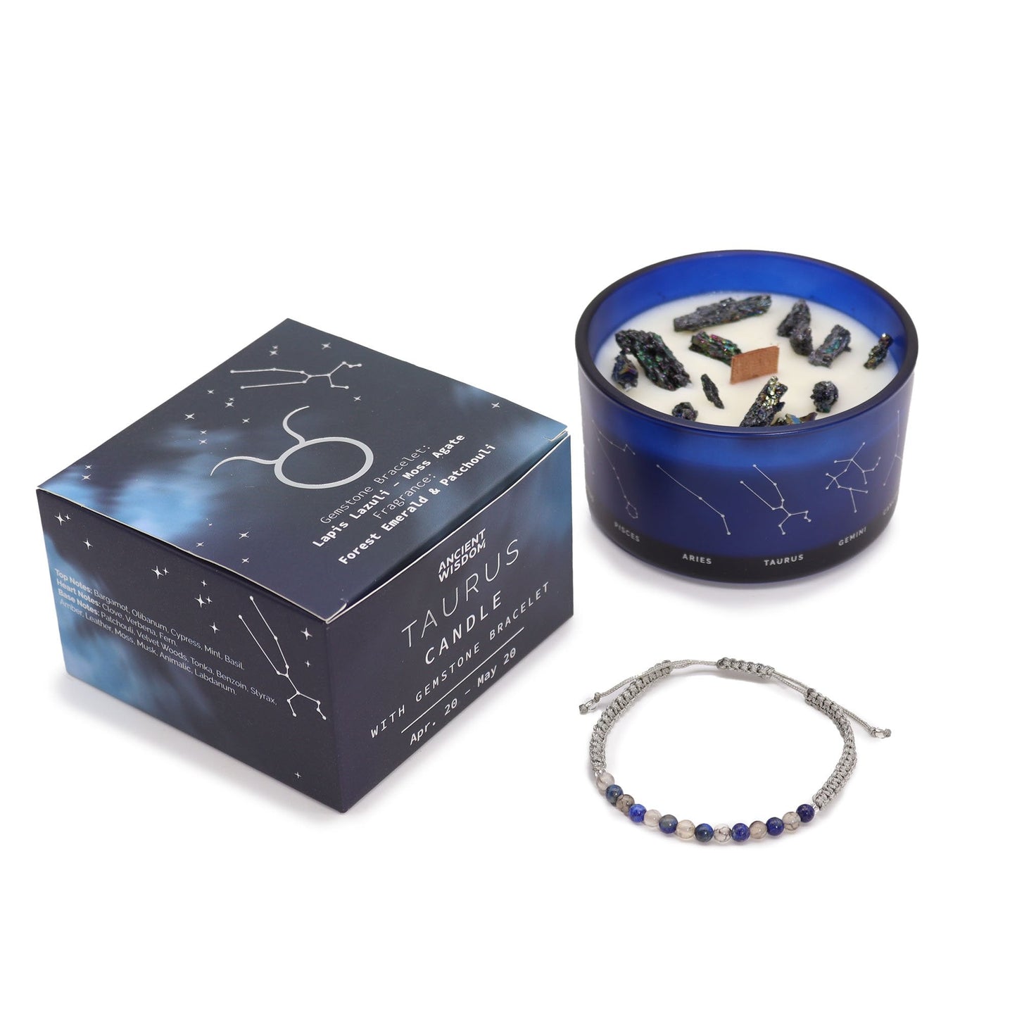 Taurus Zodiac Crystal Candle with Gemstone Bracelet | #product_category# - OneRoofGifts