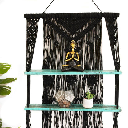 Macrame Hanging Shelves, Black with Turquoise Accents | #product_category# - OneRoofGifts