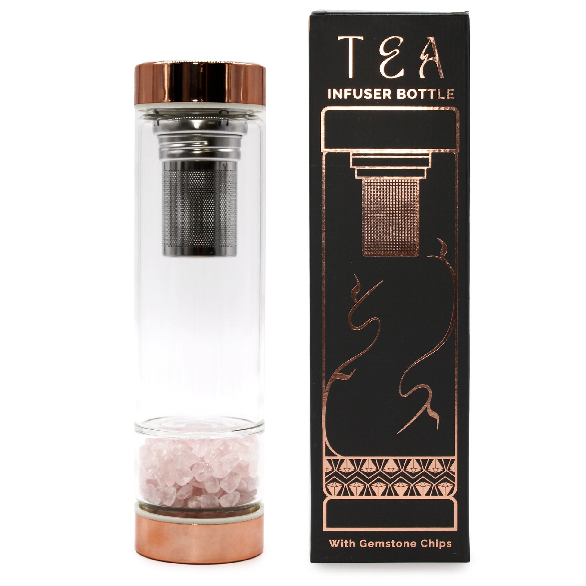 Rose Quartz Crystal Glass Tea Infuser Bottle with Rose Gold Accents | #product_category# - OneRoofGifts