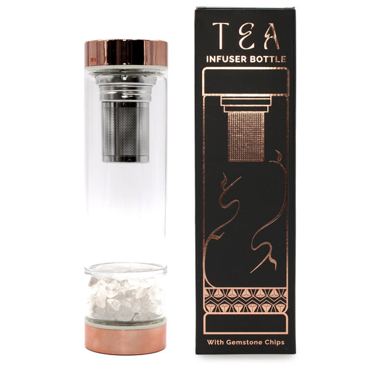 Rock Quartz and Rose Gold Crystal Glass Tea Infuser Bottle | #product_category# - OneRoofGifts