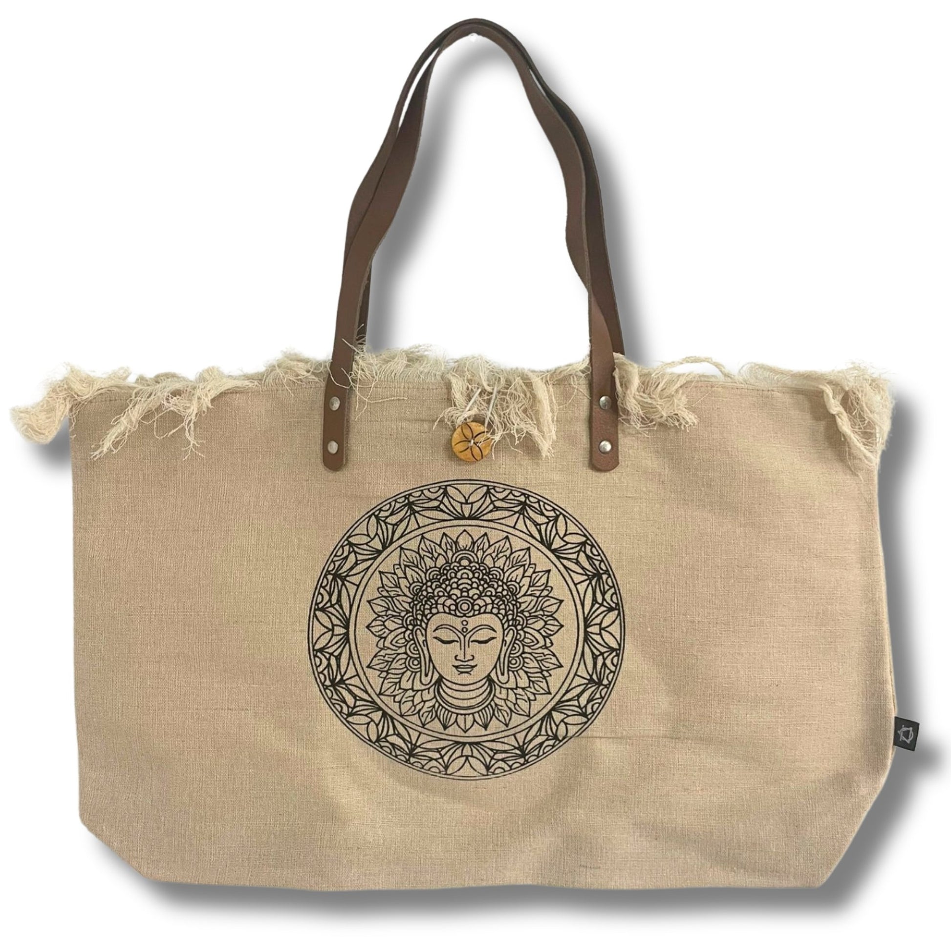 Tote Bag with Leather Handle, Buddha Design - Natural | #product_category# - OneRoofGifts