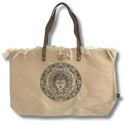 Tote Bag with Leather Handle, Buddha Design - Natural | #product_category# - OneRoofGifts