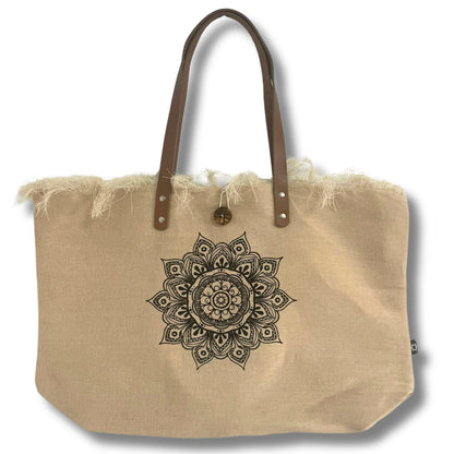 Tote Bag, Natural with Leather Handle - Flower of Life Design | #product_category# - OneRoofGifts