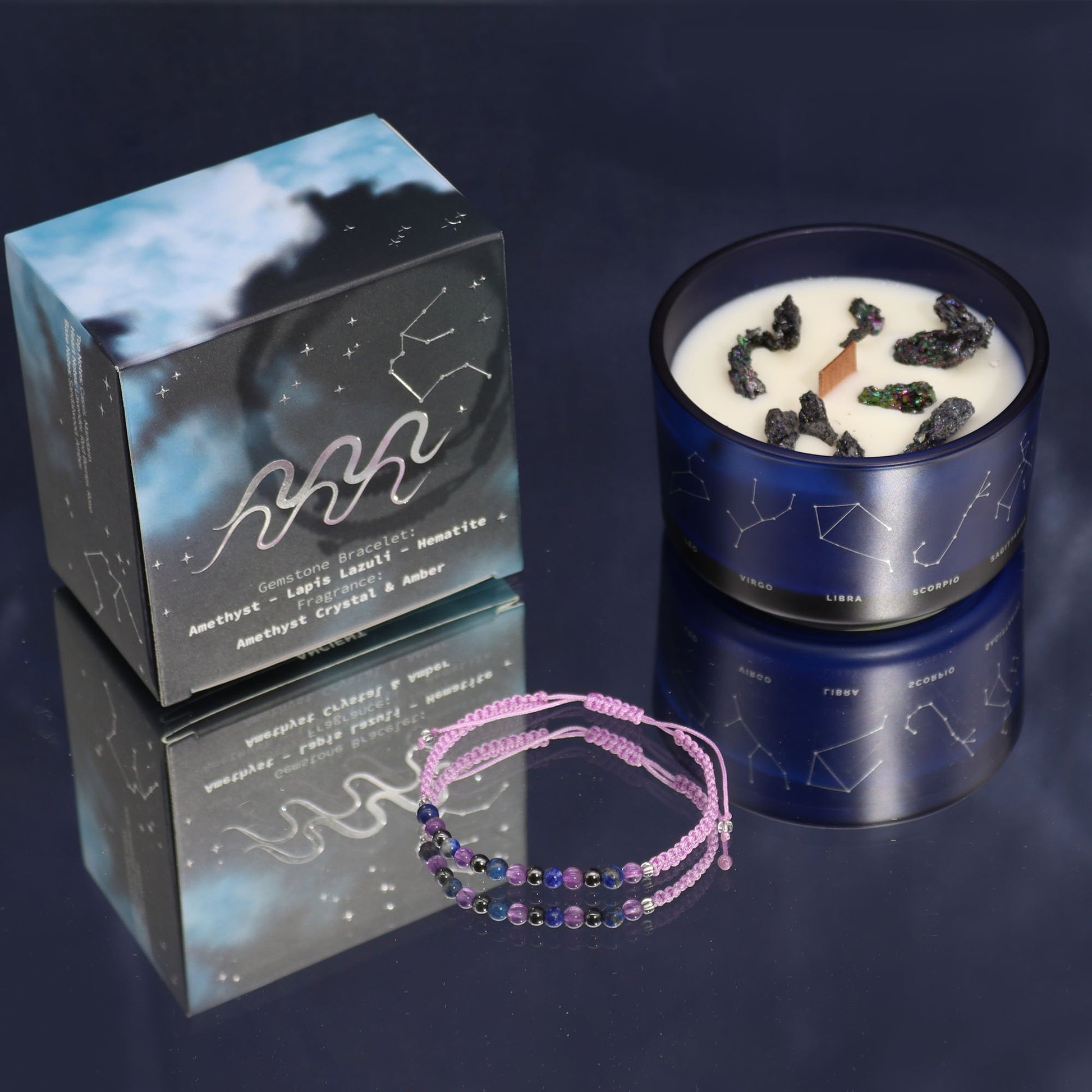 Aquarius Zodiac Crystal Candle with Gemstone Bracelet | #product_category# - OneRoofGifts