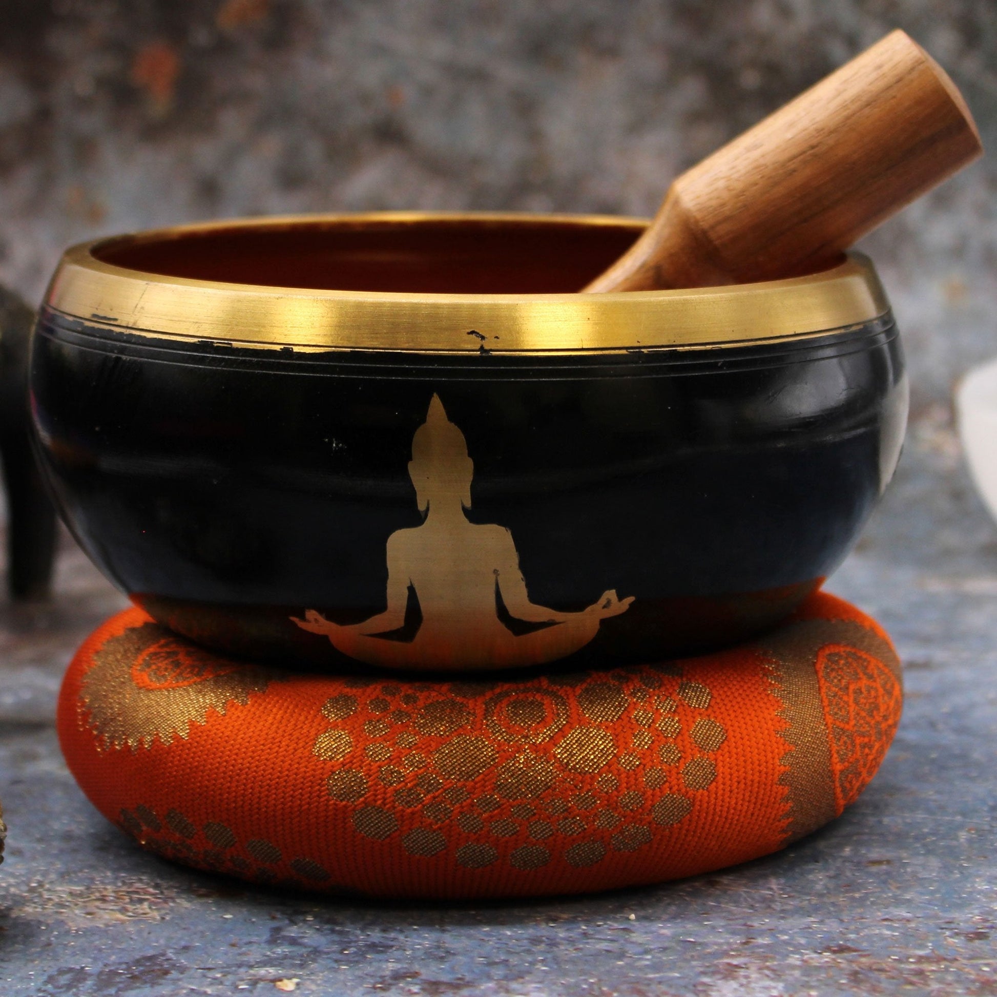 14cm Large Buddha Singing Bowl Set, Black and Orange | #product_category# - OneRoofGifts