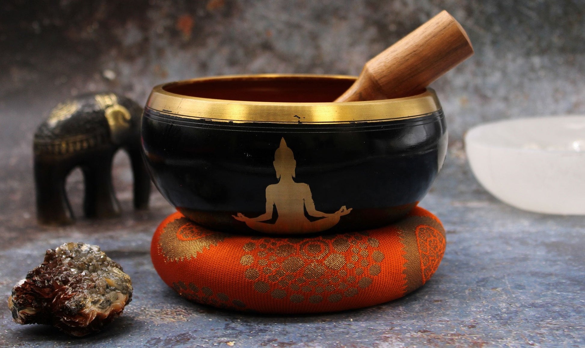 14cm Large Buddha Singing Bowl Set, Black and Orange | #product_category# - OneRoofGifts