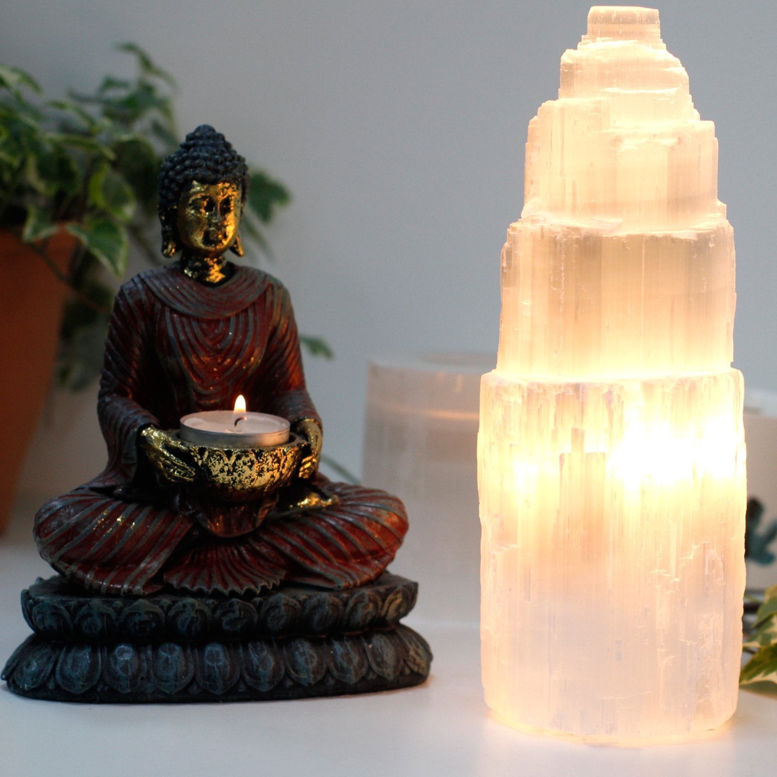 25 cm Natural Selenite Tower Lamp | #product_category# - OneRoofGifts