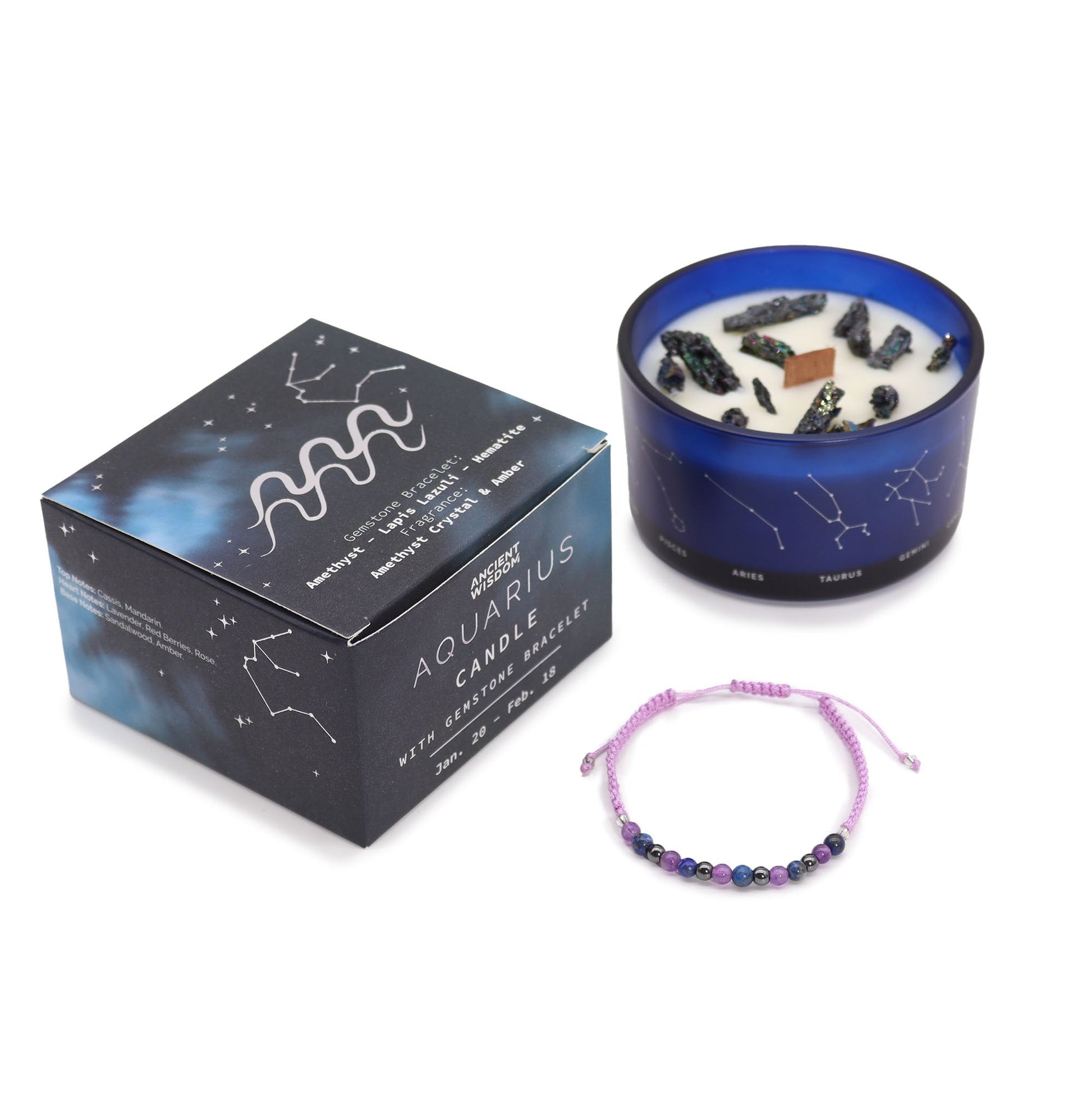 Aquarius Zodiac Crystal Candle with Gemstone Bracelet | #product_category# - OneRoofGifts