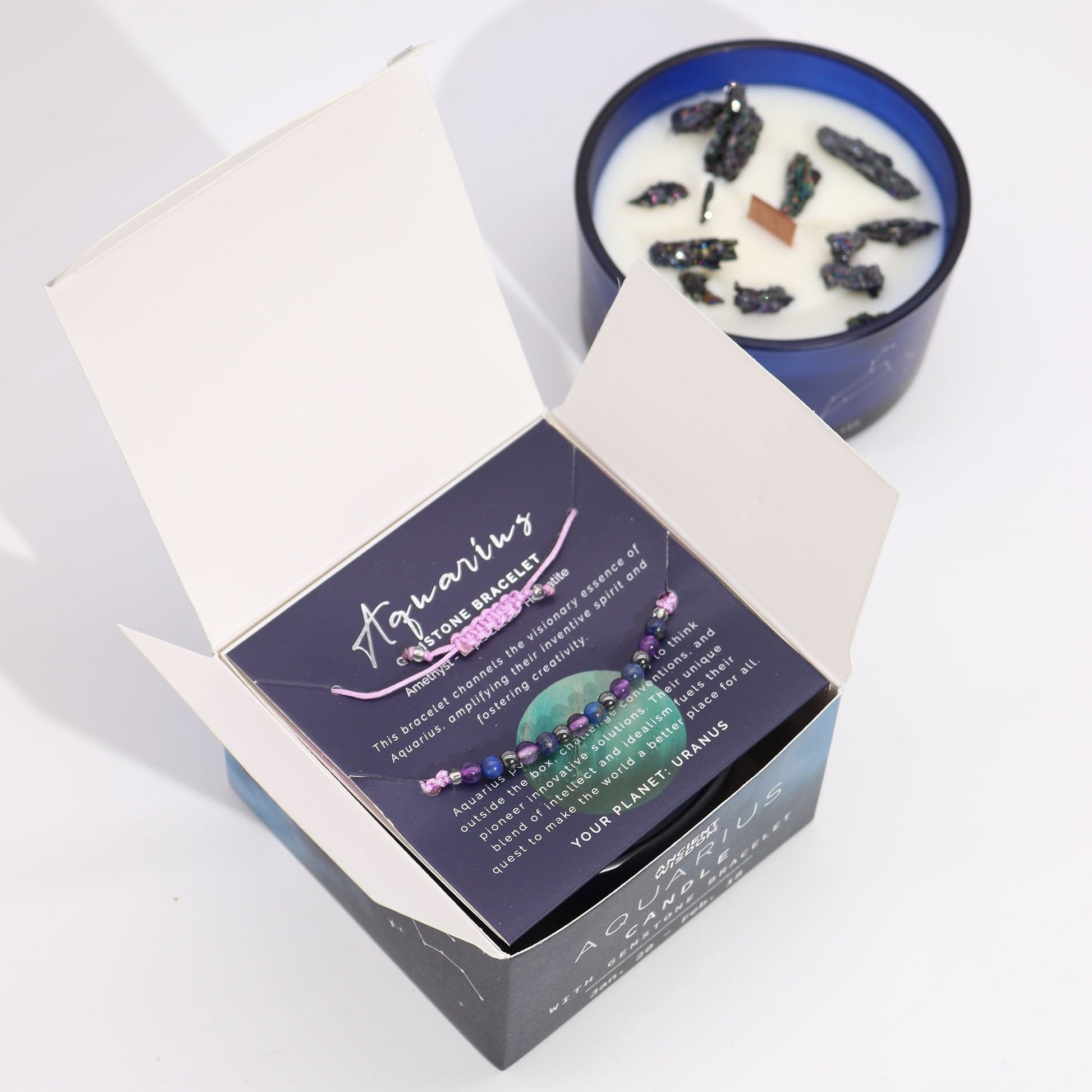 Aquarius Zodiac Crystal Candle with Gemstone Bracelet | #product_category# - OneRoofGifts
