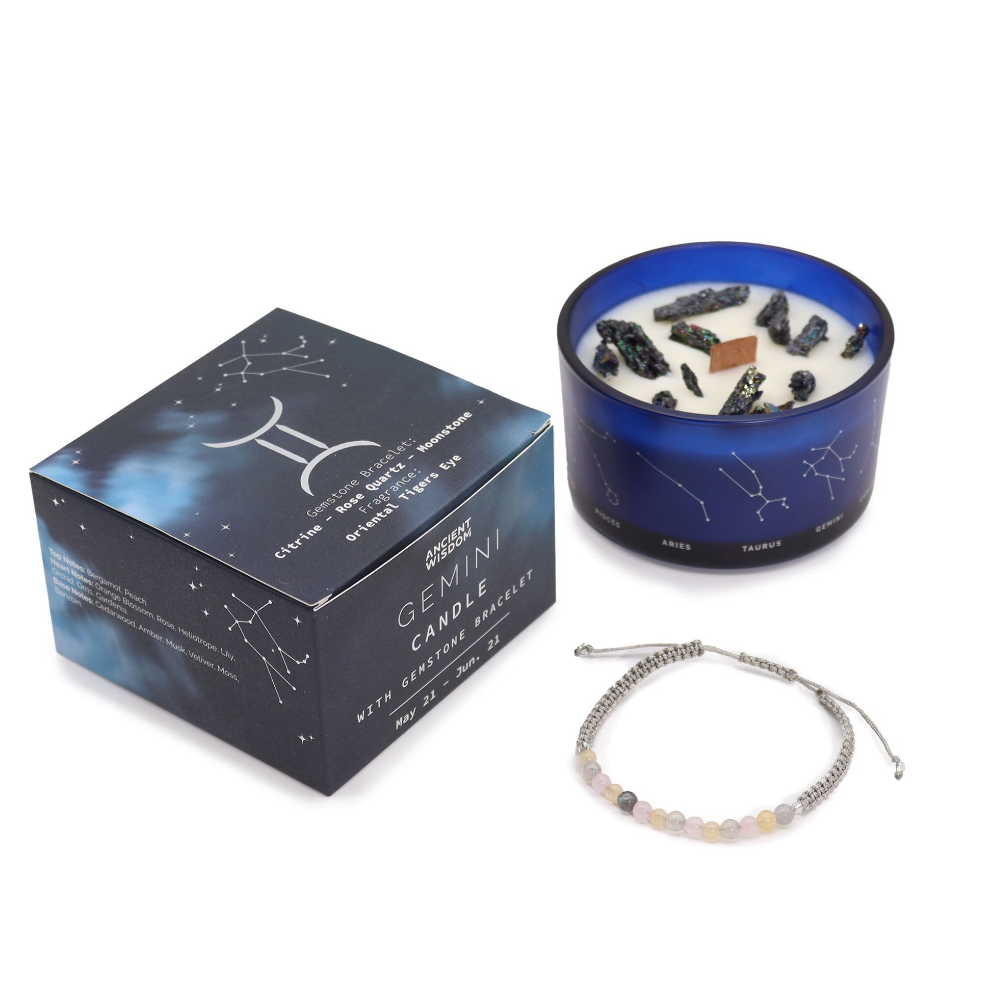 Gemini Zodiac Crystal Candle with Bracelet | #product_category# - OneRoofGifts
