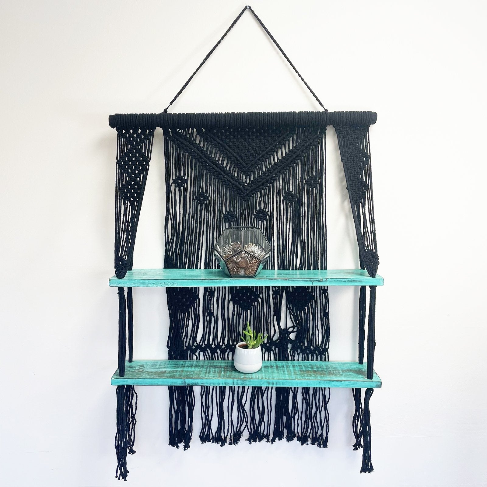 Macrame Hanging Shelves, Black with Turquoise Accents | #product_category# - OneRoofGifts