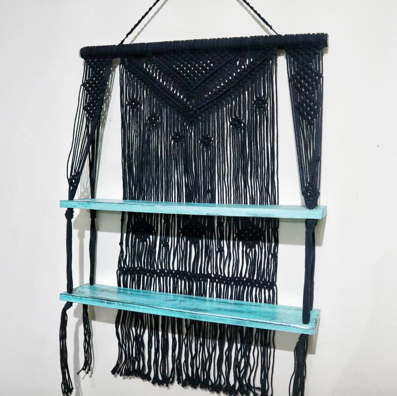 Macrame Hanging Shelves, Black with Turquoise Accents | #product_category# - OneRoofGifts