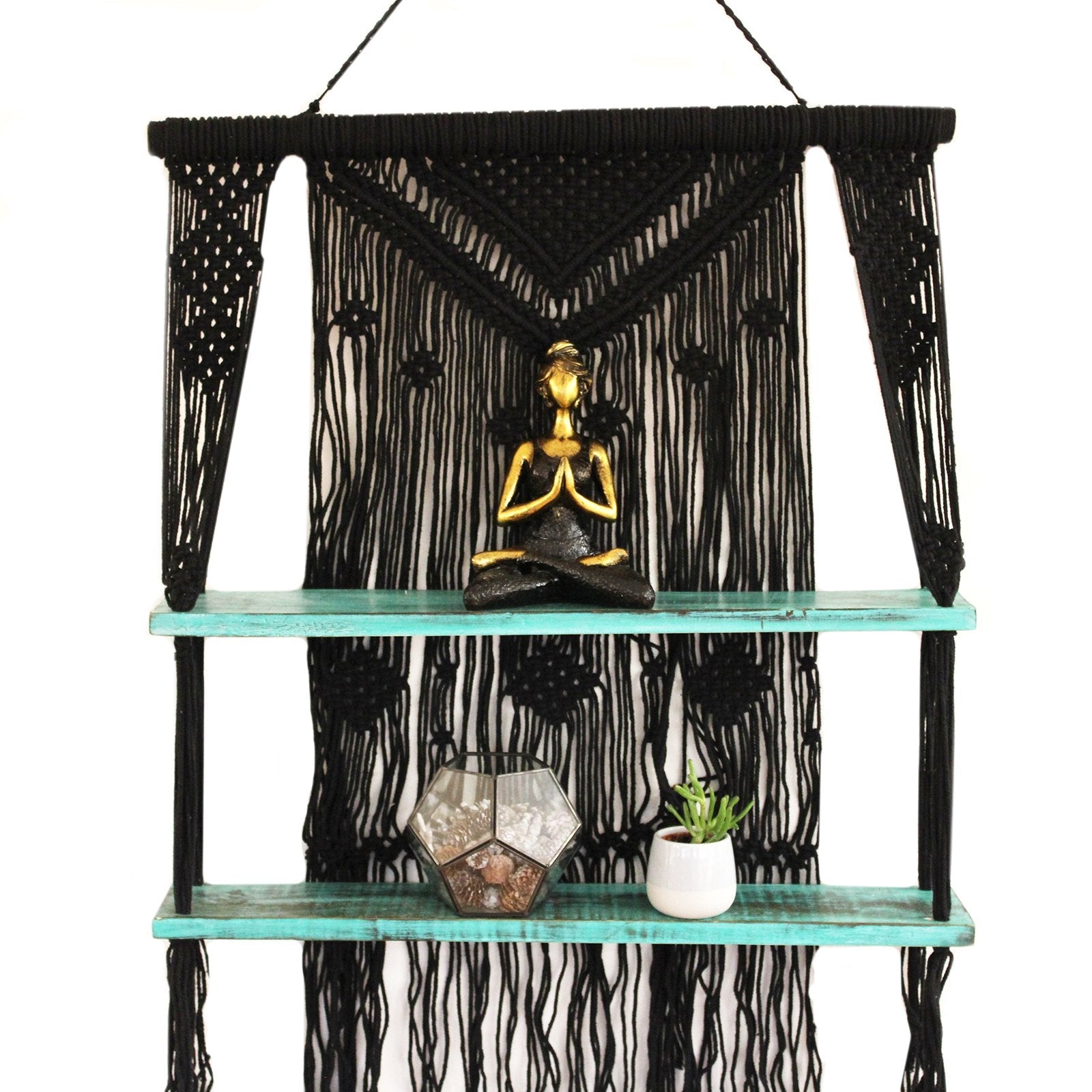 Macrame Hanging Shelves, Black with Turquoise Accents | #product_category# - OneRoofGifts