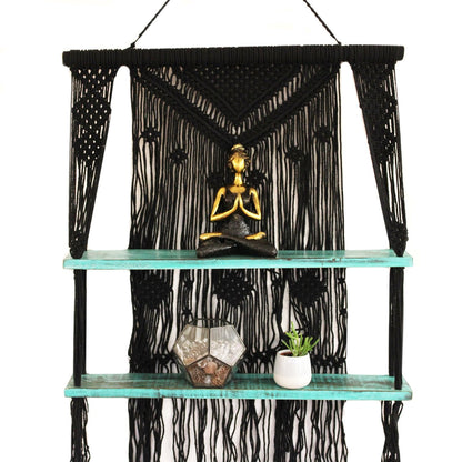 Macrame Hanging Shelves, Black with Turquoise Accents | #product_category# - OneRoofGifts