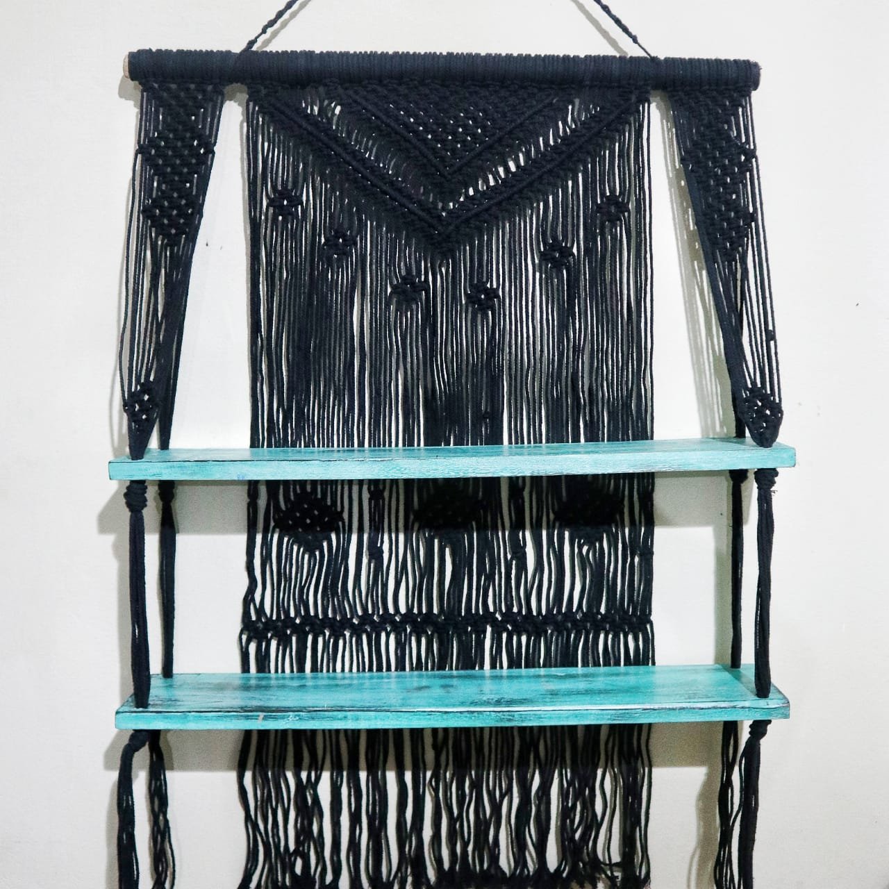 Macrame Hanging Shelves, Black with Turquoise Accents | #product_category# - OneRoofGifts