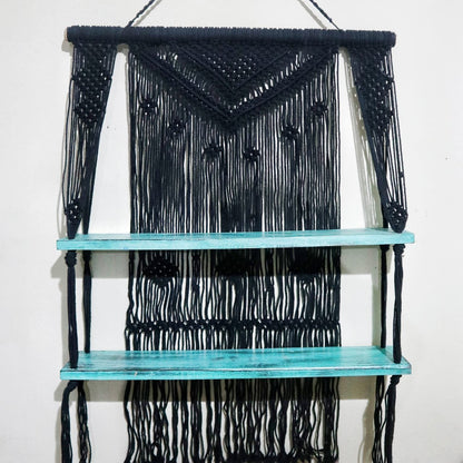 Macrame Hanging Shelves, Black with Turquoise Accents | #product_category# - OneRoofGifts