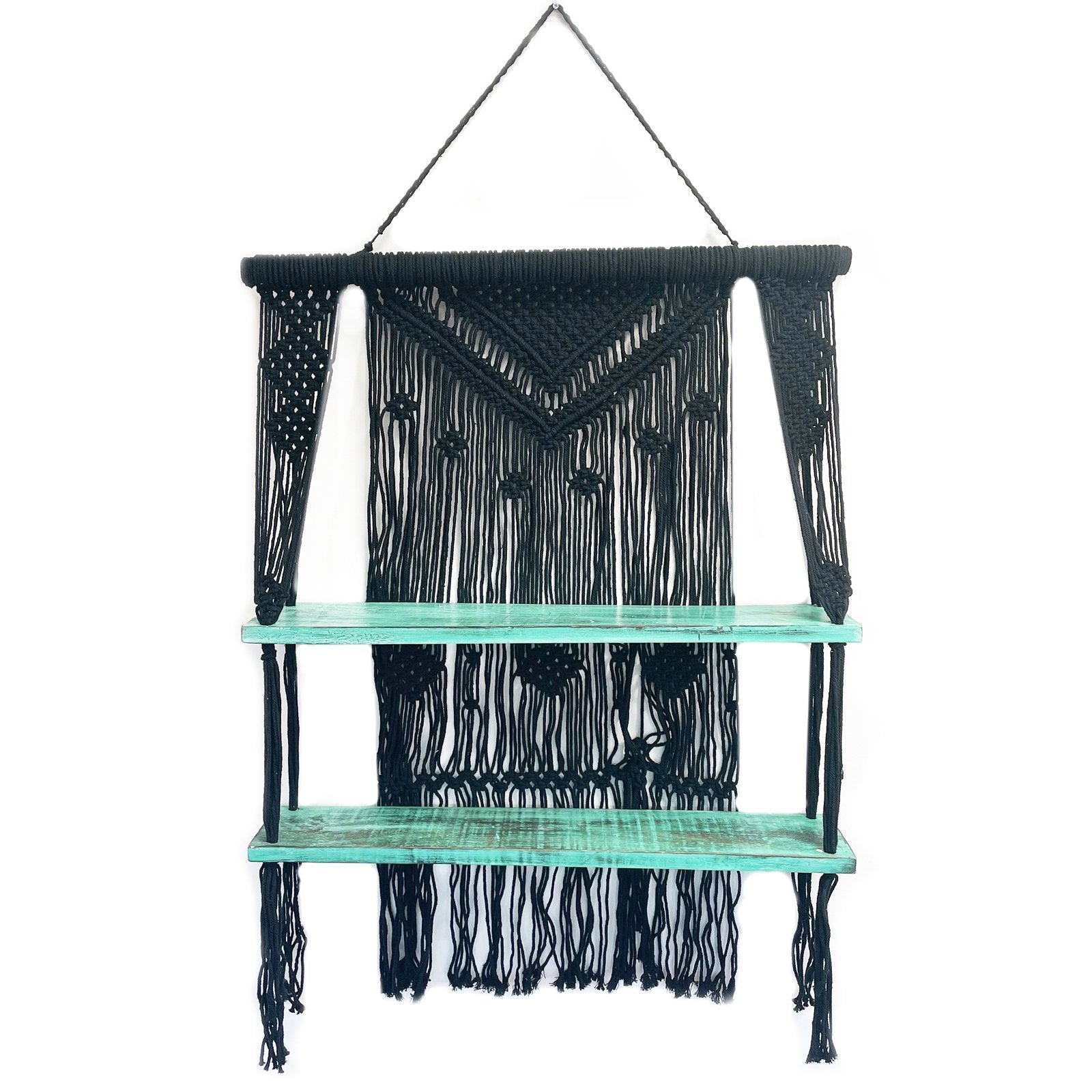 Macrame Hanging Shelves, Black with Turquoise Accents | #product_category# - OneRoofGifts