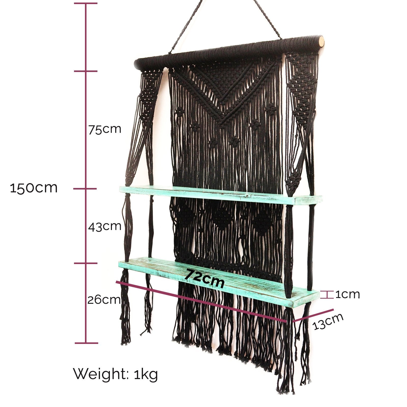 Macrame Hanging Shelves, Black with Turquoise Accents | #product_category# - OneRoofGifts