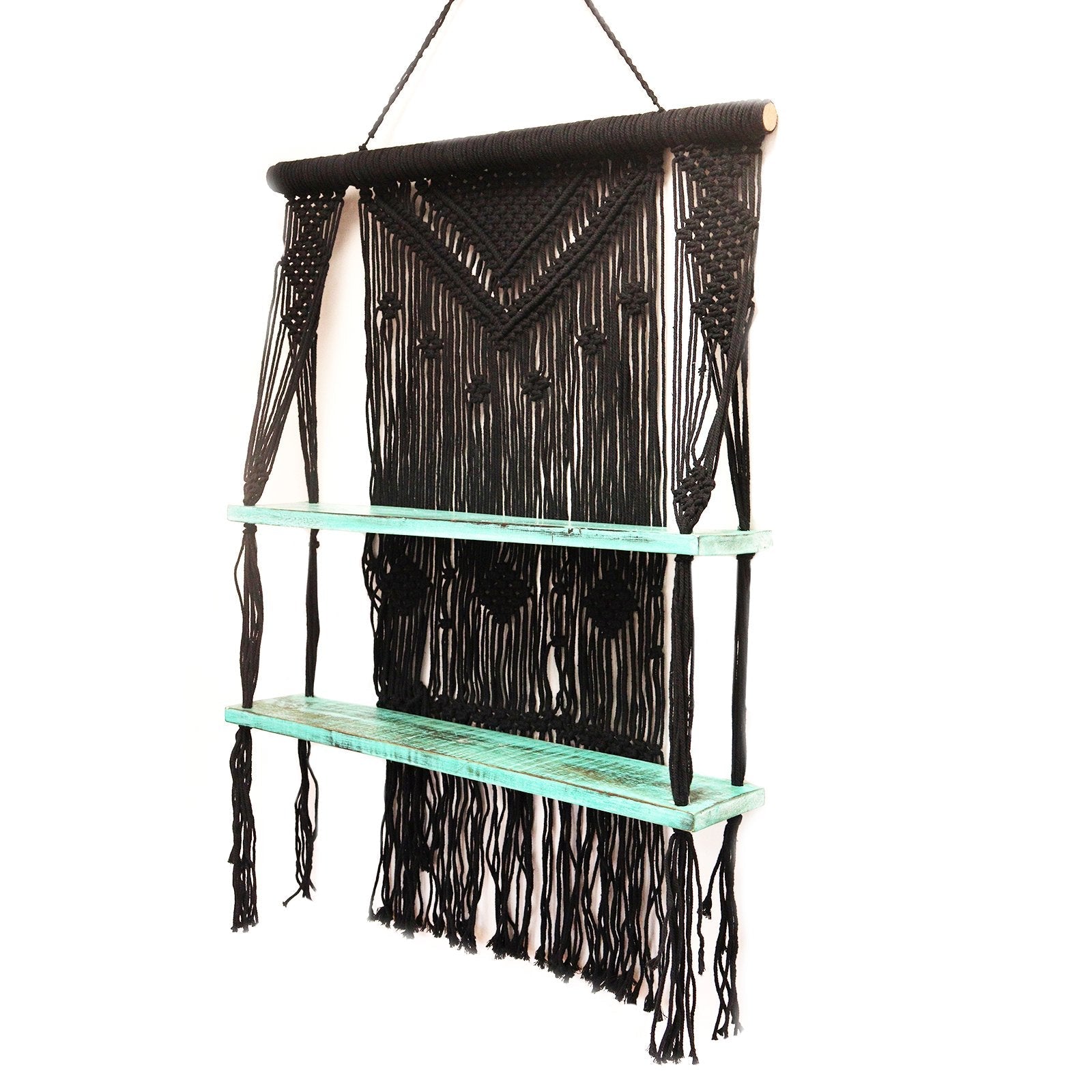 Macrame Hanging Shelves, Black with Turquoise Accents | #product_category# - OneRoofGifts