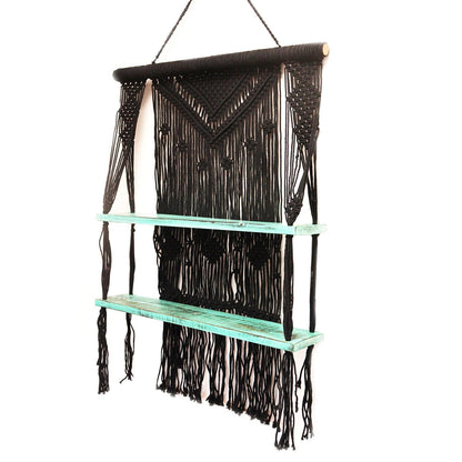 Macrame Hanging Shelves, Black with Turquoise Accents | #product_category# - OneRoofGifts