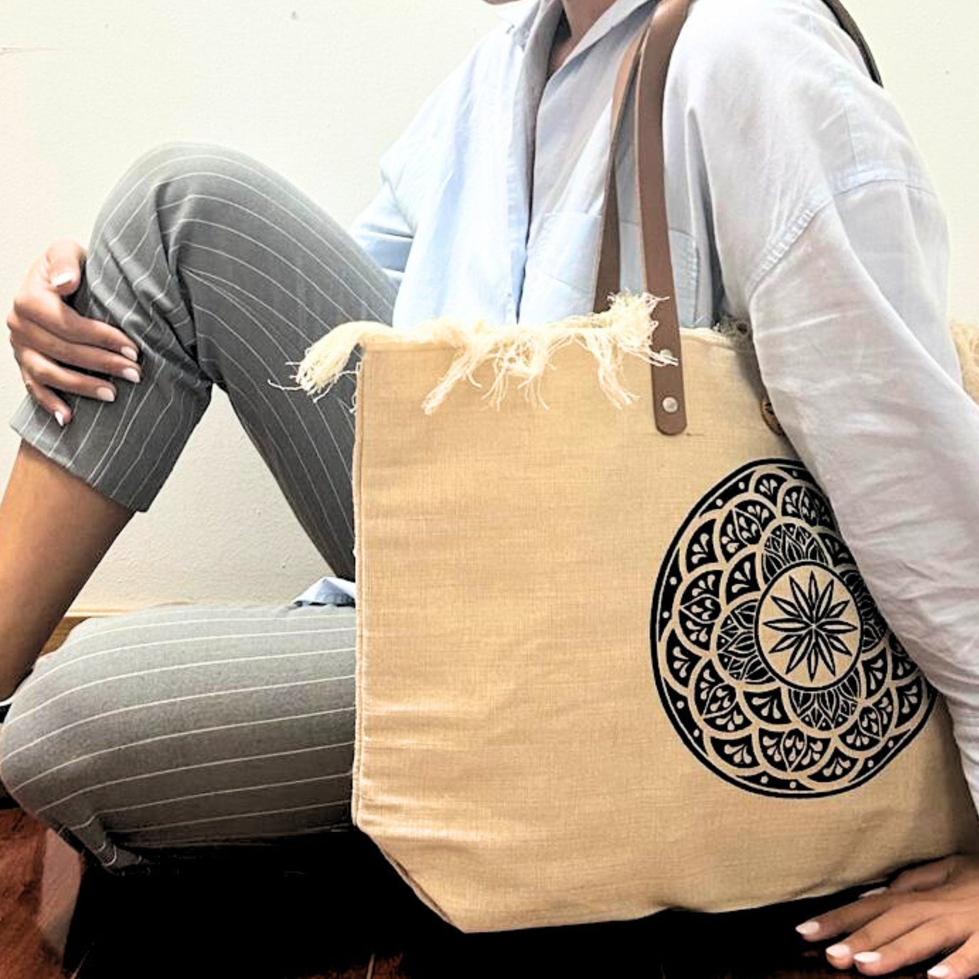 Mandela Design Natural Tote Bag with Leather Handle | #product_category# - OneRoofGifts