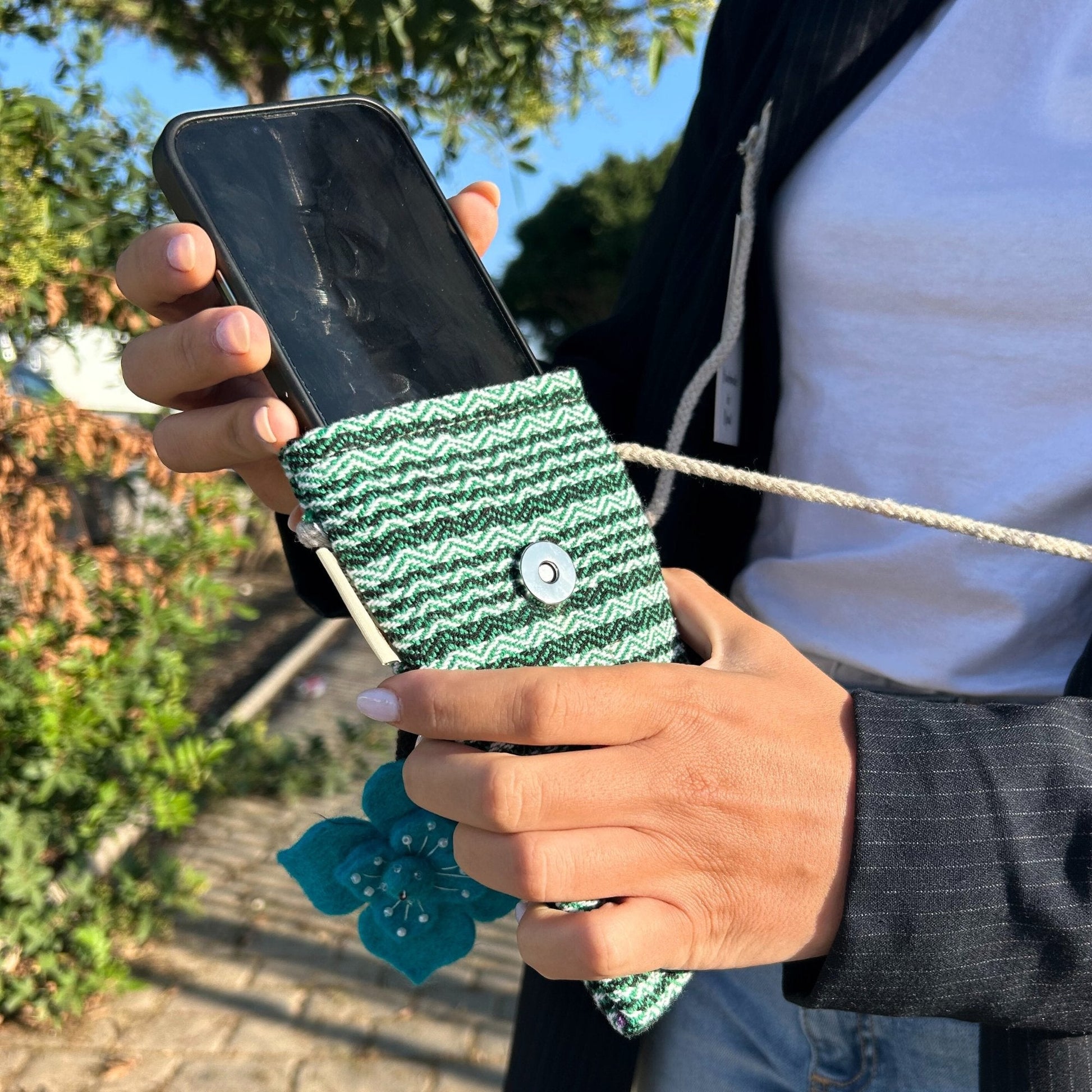 Phone Holder Bag, Green Striped with Flower Decor | #product_category# - OneRoofGifts
