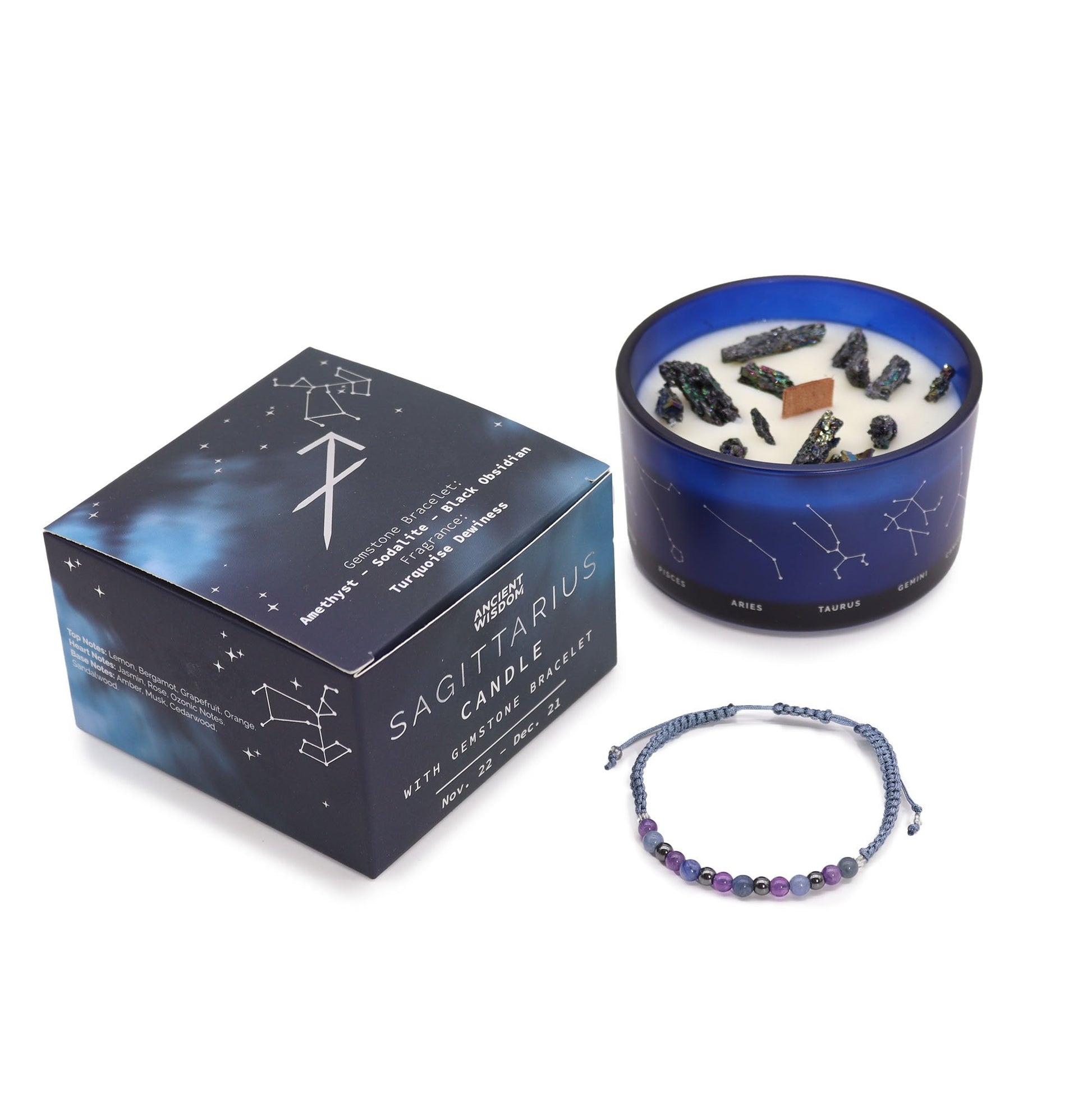 Sagittarius Zodiac Crystal Candle with Gemstone Bracelet | #product_category# - OneRoofGifts