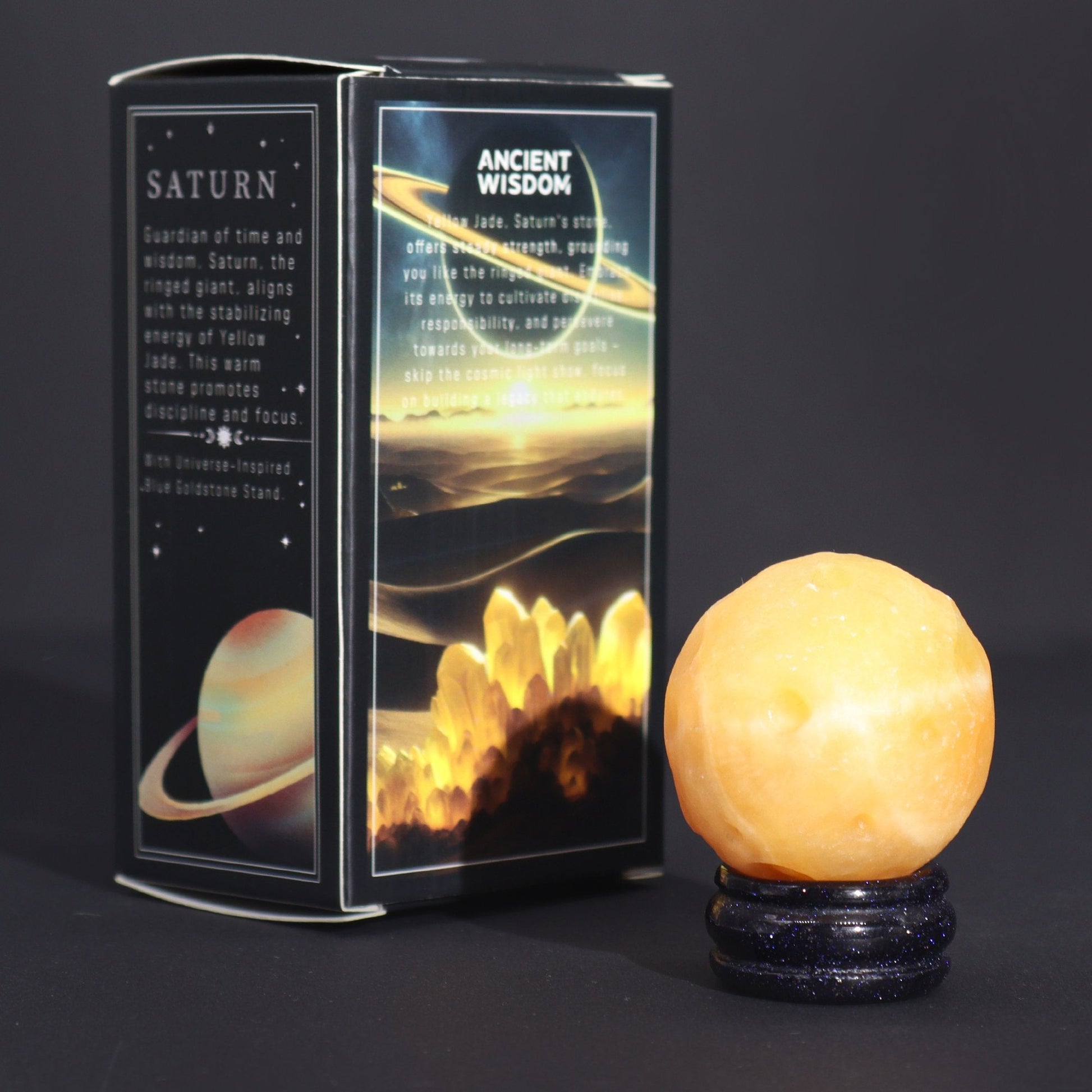 Saturn Design Yellow Jade Planet on Goldstone Stand | #product_category# - OneRoofGifts
