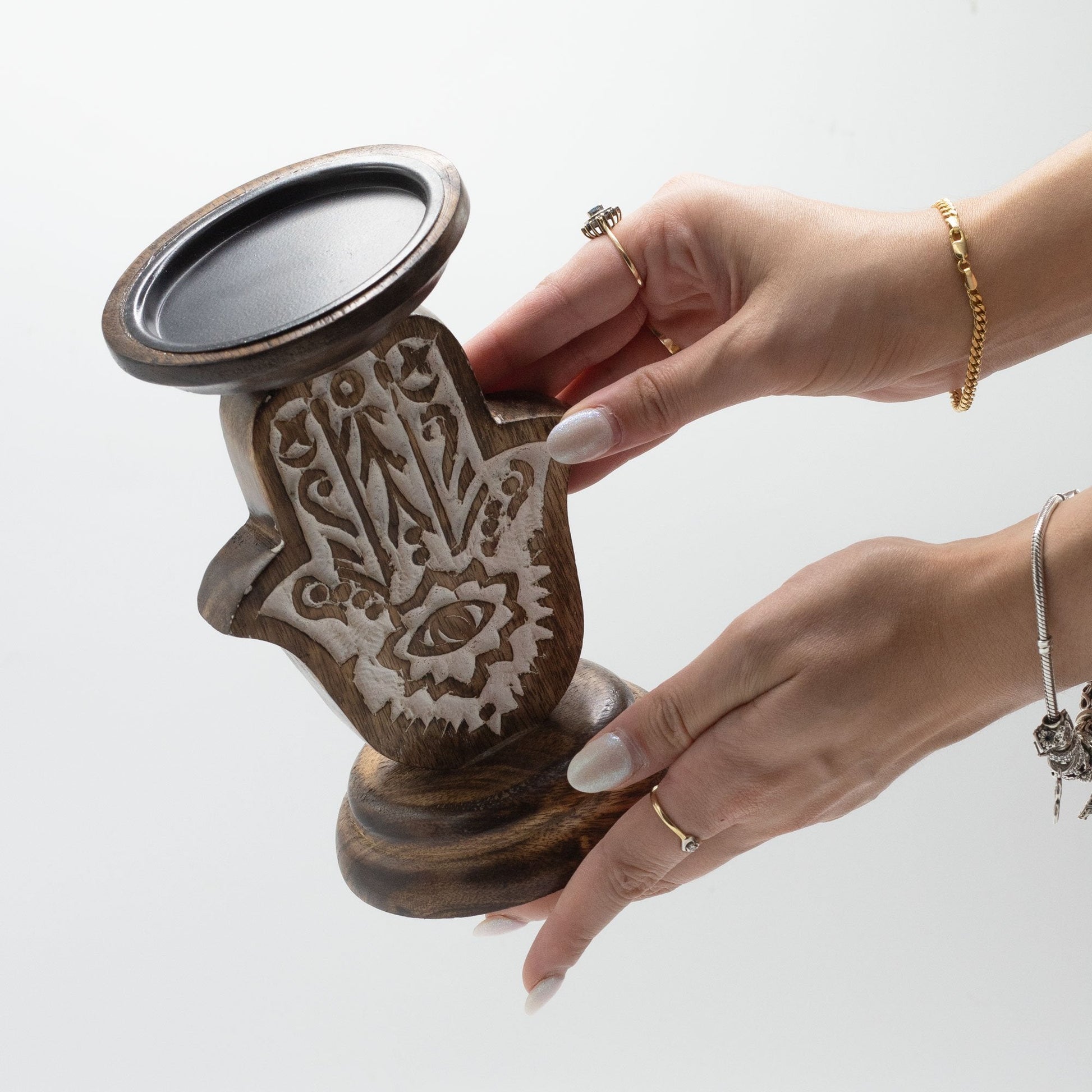 Small Mango Wood Hamsa Candle Stand | #product_category# - OneRoofGifts