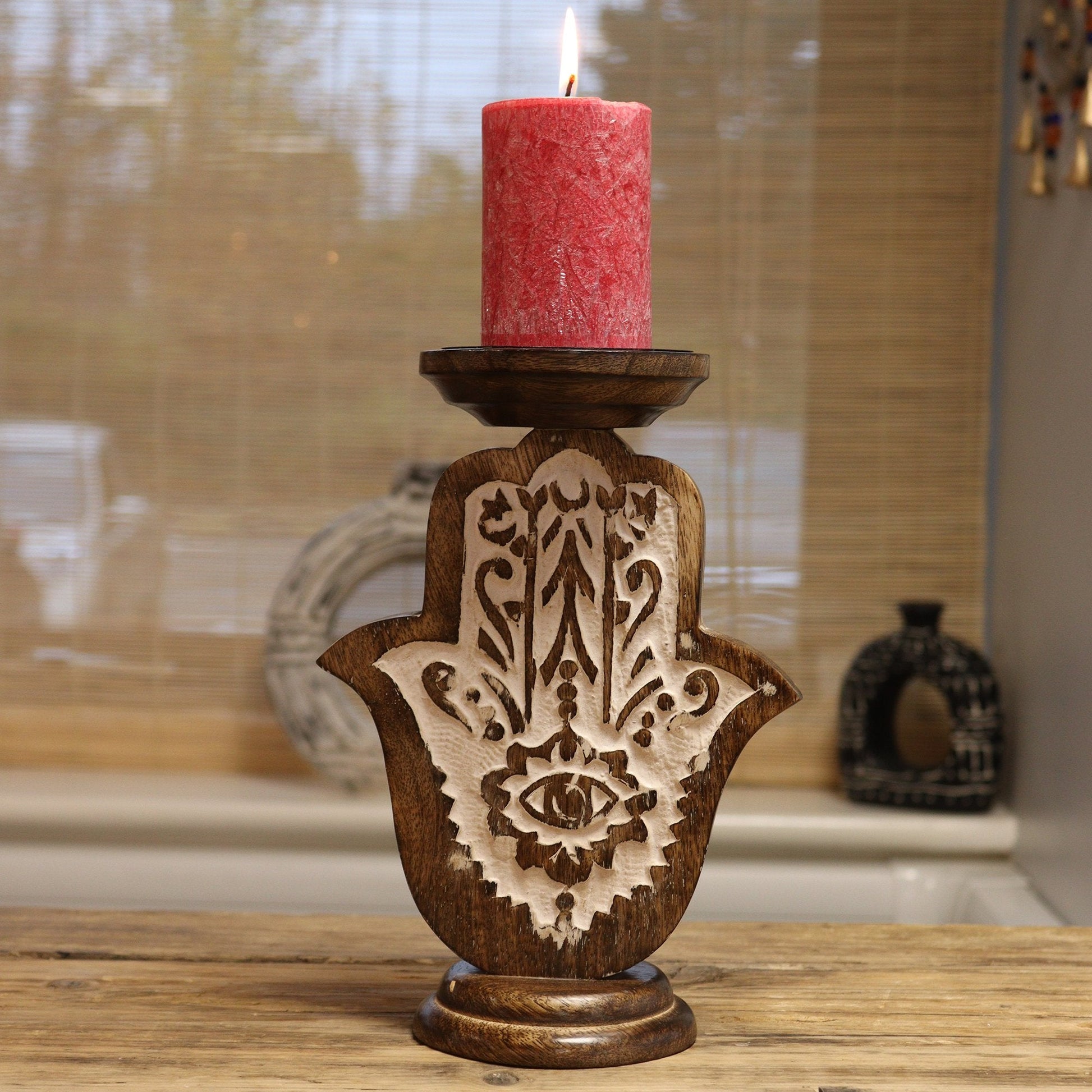 Small Mango Wood Hamsa Candle Stand | #product_category# - OneRoofGifts