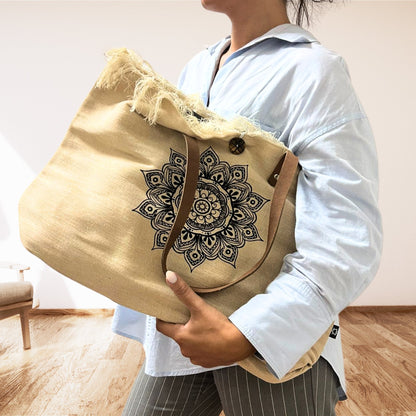 Tote Bag, Natural with Leather Handle - Flower of Life Design | #product_category# - OneRoofGifts