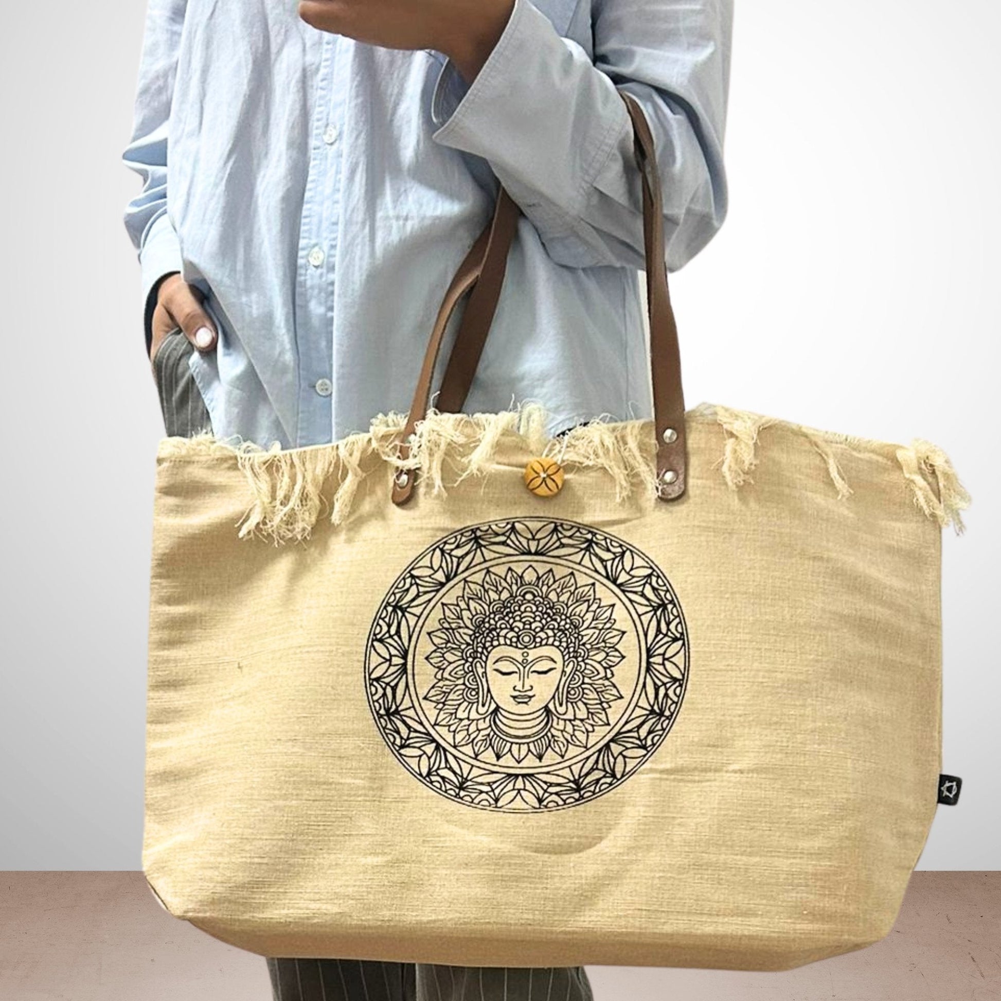 Tote Bag with Leather Handle, Buddha Design - Natural | #product_category# - OneRoofGifts